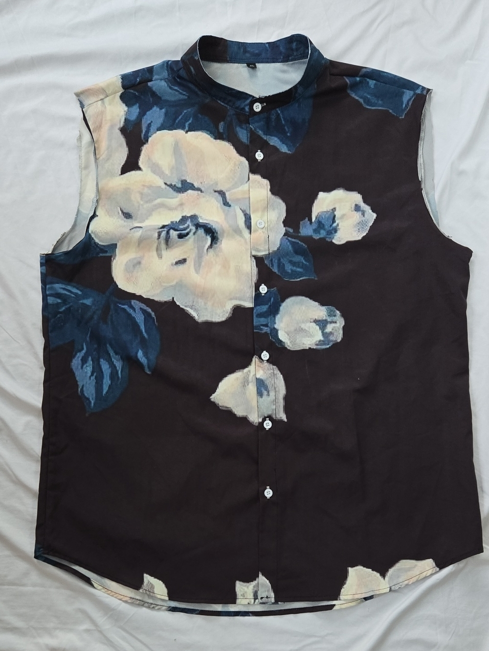 Men's/Unisex Button Black Floral Print DIY Sleeveless Round Collar Shirt